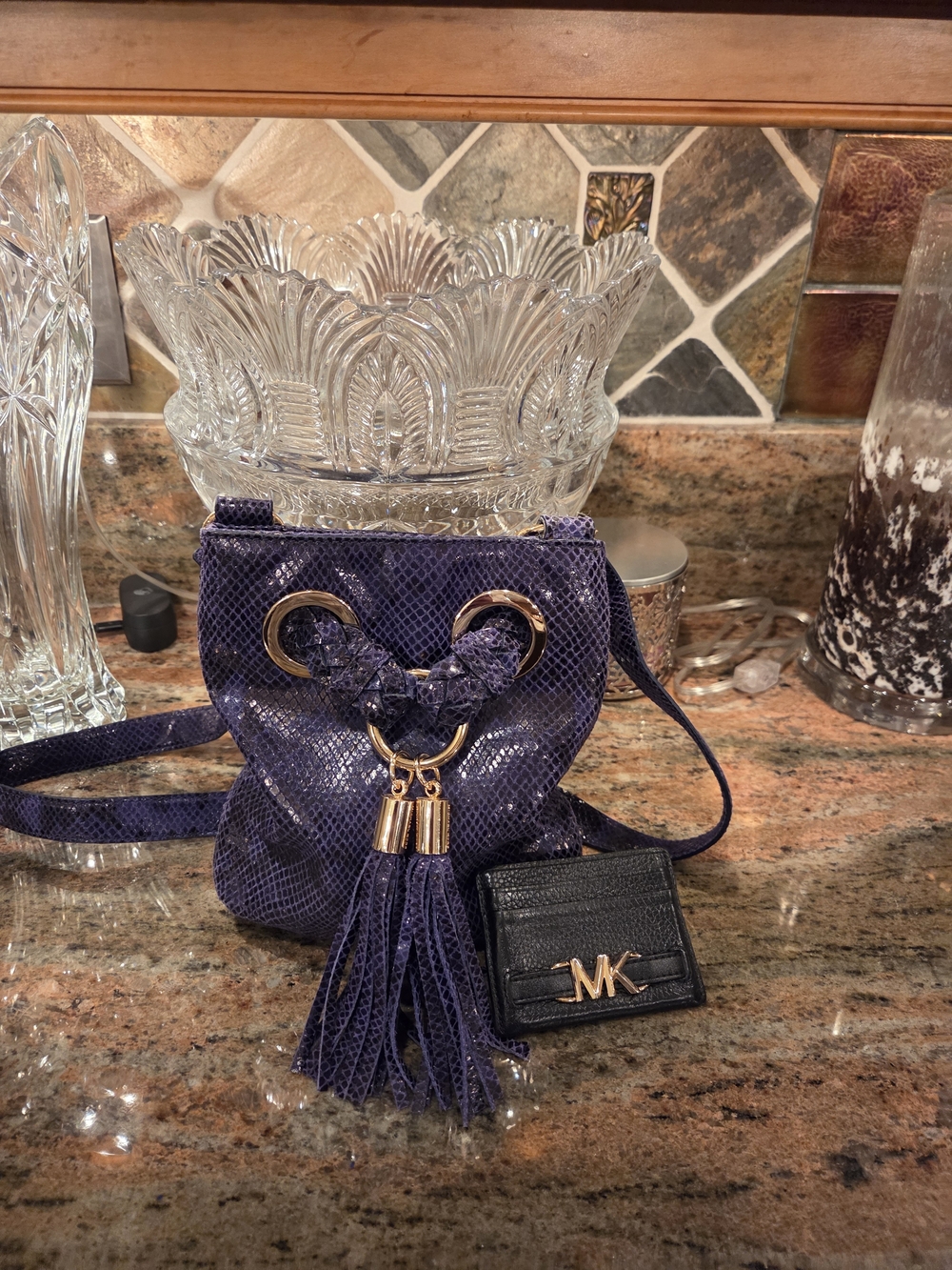 Michael Kors Purple Tassel Snake-skin Print Leather Crossbody Bag And Cardholder